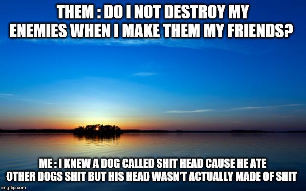 Inspirational Quote | THEM : DO I NOT DESTROY MY ENEMIES WHEN I MAKE THEM MY FRIENDS? ME : I KNEW A DOG CALLED SHIT HEAD CAUSE HE ATE OTHER DOGS SHIT BUT HIS HEAD WASN'T ACTUALLY MADE OF SHIT | image tagged in inspirational quote | made w/ Imgflip meme maker