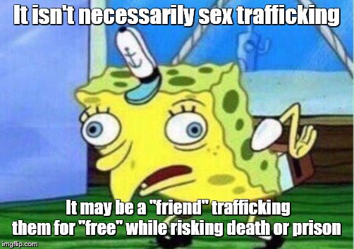 Mocking Spongebob Meme | It isn't necessarily sex trafficking; It may be a "friend" trafficking them for "free" while risking death or prison | image tagged in memes,mocking spongebob | made w/ Imgflip meme maker