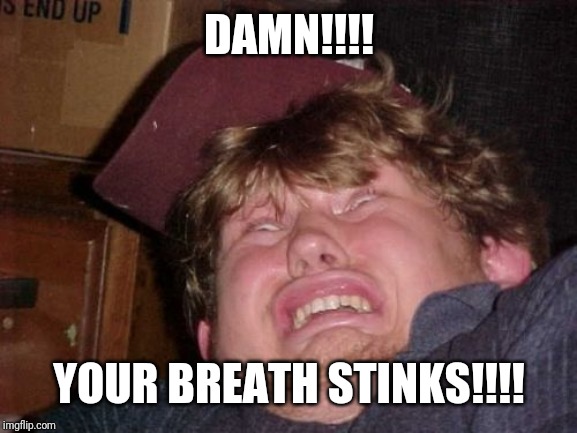 WTF Meme | DAMN!!!! YOUR BREATH STINKS!!!! | image tagged in memes,wtf | made w/ Imgflip meme maker