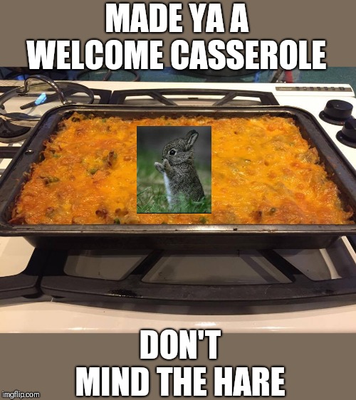 Casserole  | MADE YA A WELCOME CASSEROLE DON'T MIND THE HARE | image tagged in casserole | made w/ Imgflip meme maker