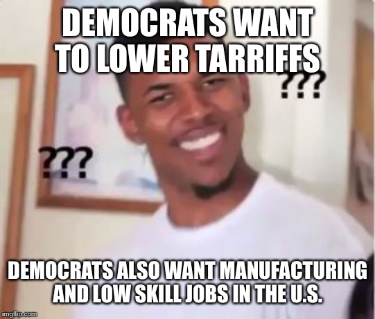 Nick Young | DEMOCRATS WANT TO LOWER TARRIFFS; DEMOCRATS ALSO WANT MANUFACTURING AND LOW SKILL JOBS IN THE U.S. | image tagged in nick young | made w/ Imgflip meme maker