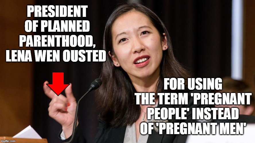 The first MD to head Planned Parenthood would not agree to the idea that "men can be pregnant" now GONE! |  PRESIDENT OF PLANNED PARENTHOOD, LENA WEN OUSTED; FOR USING THE TERM 'PREGNANT PEOPLE' INSTEAD OF 'PREGNANT MEN' | image tagged in planned parenthood,leana wen,transgender,pregnant man,you're fired,downvote | made w/ Imgflip meme maker