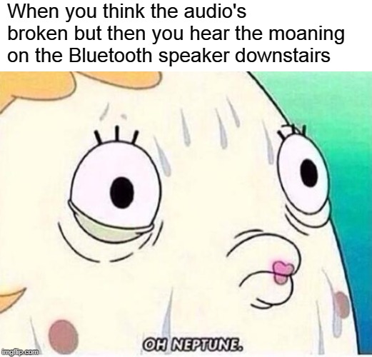 Oh Neptune | When you think the audio's broken but then you hear the moaning on the Bluetooth speaker downstairs | image tagged in oh neptune | made w/ Imgflip meme maker