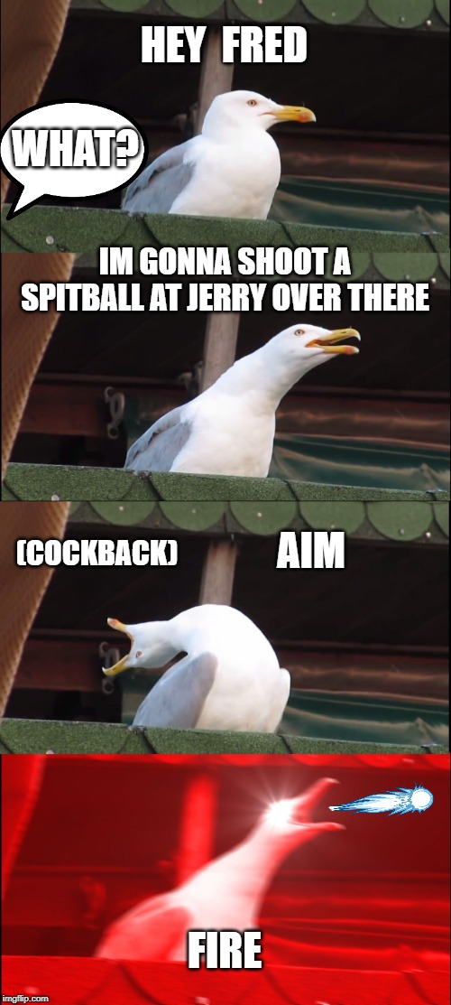Inhaling Seagull | HEY  FRED; WHAT? IM GONNA SHOOT A SPITBALL AT JERRY OVER THERE; (COCKBACK); AIM; FIRE | image tagged in memes,inhaling seagull | made w/ Imgflip meme maker