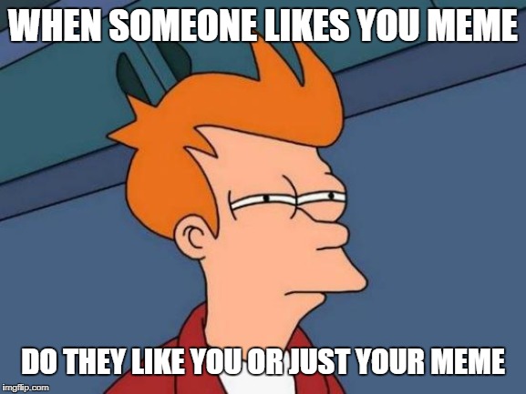 Futurama Fry Meme | WHEN SOMEONE LIKES YOU MEME; DO THEY LIKE YOU OR JUST YOUR MEME | image tagged in memes,futurama fry | made w/ Imgflip meme maker