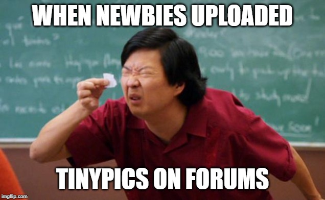 Senior Chang Squinting | WHEN NEWBIES UPLOADED; TINYPICS ON FORUMS | image tagged in senior chang squinting | made w/ Imgflip meme maker
