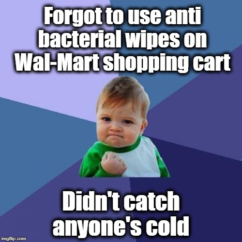 Success Kid | Forgot to use anti bacterial wipes on Wal-Mart shopping cart; Didn't catch anyone's cold | image tagged in memes,success kid | made w/ Imgflip meme maker