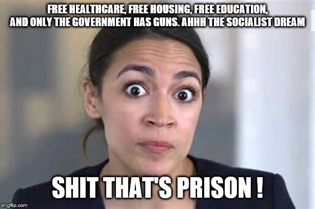 FREE HEALTHCARE, FREE HOUSING, FREE EDUCATION, AND ONLY THE GOVERNMENT HAS GUNS. AHHH THE SOCIALIST DREAM; SHIT THAT'S PRISON ! | image tagged in aoc,democrats,socialism | made w/ Imgflip meme maker