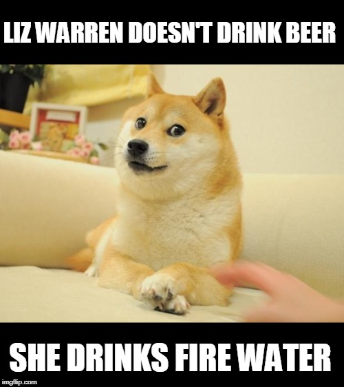 Doge 2 Meme | LIZ WARREN DOESN'T DRINK BEER SHE DRINKS FIRE WATER | image tagged in memes,doge 2 | made w/ Imgflip meme maker