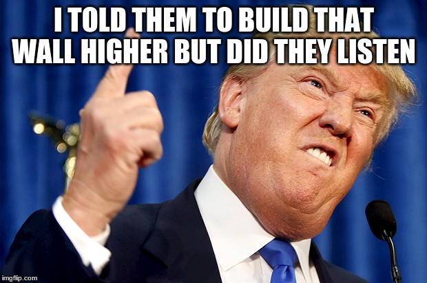 Donald Trump | I TOLD THEM TO BUILD THAT WALL HIGHER BUT DID THEY LISTEN | image tagged in donald trump | made w/ Imgflip meme maker