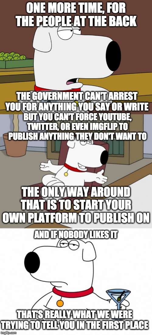 ONE MORE TIME, FOR THE PEOPLE AT THE BACK; THE GOVERNMENT CAN'T ARREST YOU FOR ANYTHING YOU SAY OR WRITE; BUT YOU CAN'T FORCE YOUTUBE, TWITTER, OR EVEN IMGFLIP TO PUBLISH ANYTHING THEY DON'T WANT TO; THE ONLY WAY AROUND THAT IS TO START YOUR OWN PLATFORM TO PUBLISH ON; AND IF NOBODY LIKES IT; THAT'S REALLY WHAT WE WERE TRYING TO TELL YOU IN THE FIRST PLACE | image tagged in memes,brian griffin | made w/ Imgflip meme maker