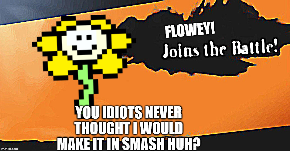 Smash Bros. | YOU IDIOTS NEVER THOUGHT I WOULD MAKE IT IN SMASH HUH? FLOWEY! | image tagged in smash bros | made w/ Imgflip meme maker