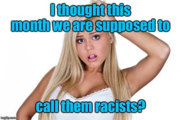 Dumb Blonde | I thought this month we are supposed to call them racists? | image tagged in dumb blonde | made w/ Imgflip meme maker