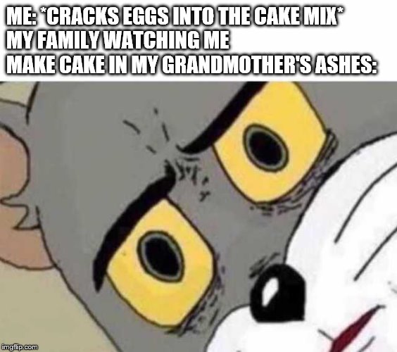Tom Cat Unsettled Close up | ME: *CRACKS EGGS INTO THE CAKE MIX*
MY FAMILY WATCHING ME MAKE CAKE IN MY GRANDMOTHER'S ASHES: | image tagged in tom cat unsettled close up | made w/ Imgflip meme maker