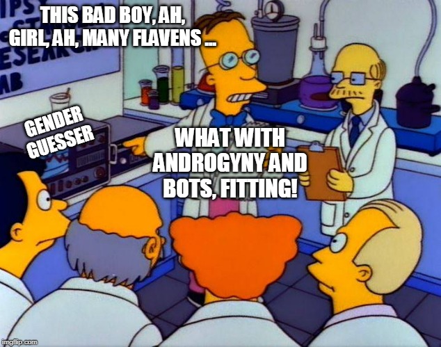 box o' parts | THIS BAD BOY, AH, GIRL, AH, MANY FLAVENS ... GENDER GUESSER; WHAT WITH ANDROGYNY AND BOTS, FITTING! | image tagged in prf frink gas chromatography flaming moe | made w/ Imgflip meme maker