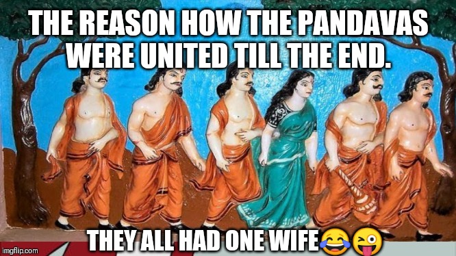 Pic credit: ACMSC | THE REASON HOW THE PANDAVAS WERE UNITED TILL THE END. THEY ALL HAD ONE WIFE😂😜 | image tagged in funny,wife | made w/ Imgflip meme maker