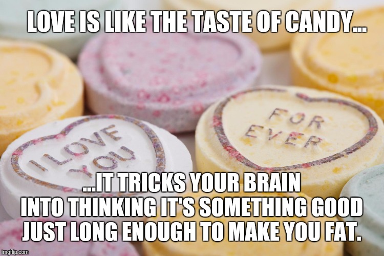 The Power of Love |  LOVE IS LIKE THE TASTE OF CANDY... ...IT TRICKS YOUR BRAIN INTO THINKING IT'S SOMETHING GOOD JUST LONG ENOUGH TO MAKE YOU FAT. | image tagged in love,candy,broken heart,fat,diabeetus | made w/ Imgflip meme maker