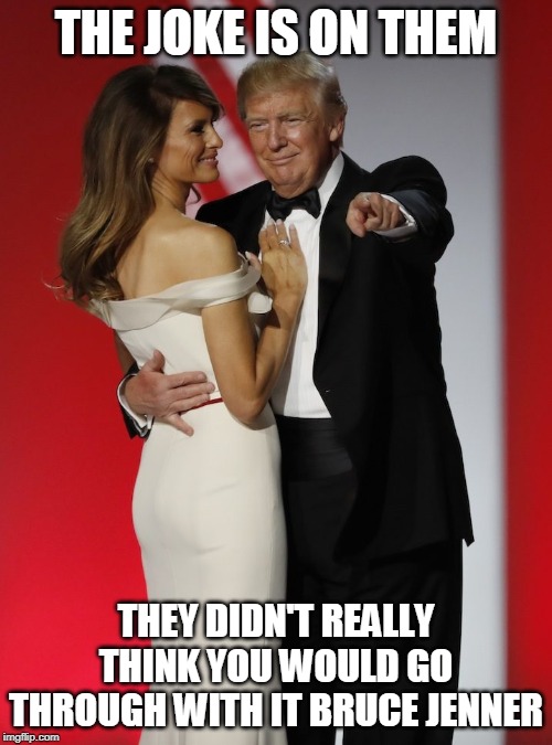 The joke is on them | THE JOKE IS ON THEM; THEY DIDN'T REALLY THINK YOU WOULD GO THROUGH WITH IT BRUCE JENNER | image tagged in melania trump,trump,bruce jenner,gold digger | made w/ Imgflip meme maker