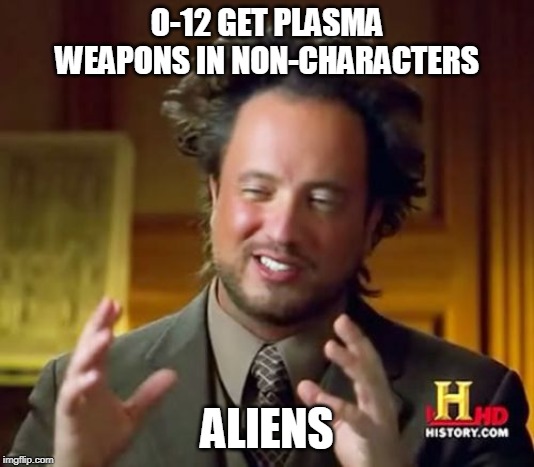 Ancient Aliens Meme | O-12 GET PLASMA WEAPONS IN NON-CHARACTERS; ALIENS | image tagged in memes,ancient aliens | made w/ Imgflip meme maker