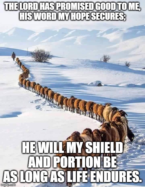 The Good Shepherd | THE LORD HAS PROMISED GOOD TO ME,
HIS WORD MY HOPE SECURES;; HE WILL MY SHIELD AND PORTION BE
AS LONG AS LIFE ENDURES. | image tagged in the good shepherd | made w/ Imgflip meme maker