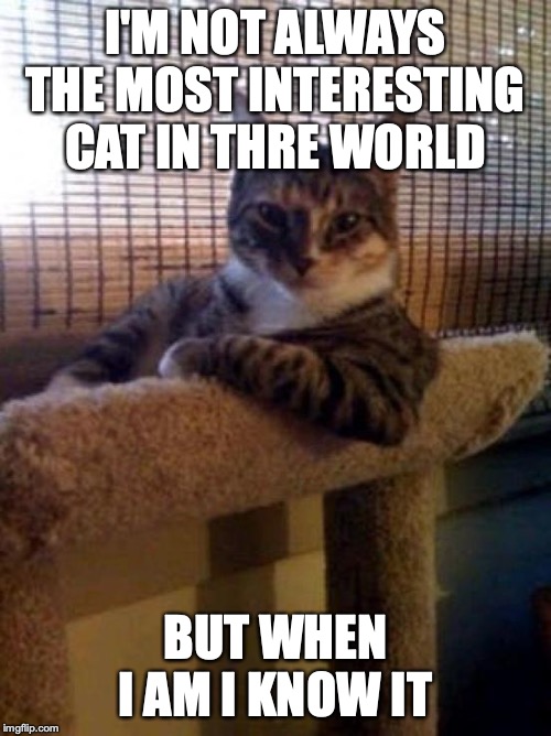 The Most Interesting Cat In The World | I'M NOT ALWAYS THE MOST INTERESTING CAT IN THRE WORLD; BUT WHEN I AM I KNOW IT | image tagged in memes,the most interesting cat in the world | made w/ Imgflip meme maker