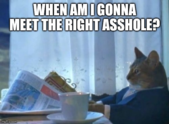 I Should Buy A Boat Cat Meme | WHEN AM I GONNA MEET THE RIGHT ASSHOLE? | image tagged in memes,i should buy a boat cat | made w/ Imgflip meme maker