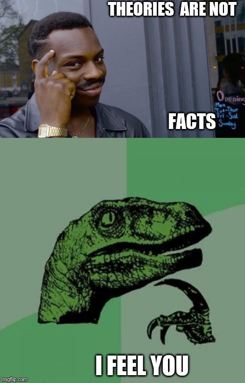 THEORIES  ARE NOT; FACTS; I FEEL YOU | image tagged in memes,philosoraptor,roll safe think about it | made w/ Imgflip meme maker