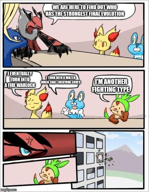 Pokemon board meeting | WE ARE HERE TO FIND OUT WHO HAS THE STRONGEST FINAL EVOLUTION; I EVENTUALLY TURN INTO A FIRE WARLOCK; I'M ANOTHER FIGHTING TYPE; I TURN INTO A WATER NINJA THAT EVERYONE LOVES | image tagged in pokemon board meeting | made w/ Imgflip meme maker