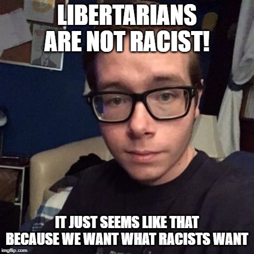 LIBERTARIANS ARE NOT RACIST! IT JUST SEEMS LIKE THAT BECAUSE WE WANT WHAT RACISTS WANT | image tagged in nikolas lemini | made w/ Imgflip meme maker