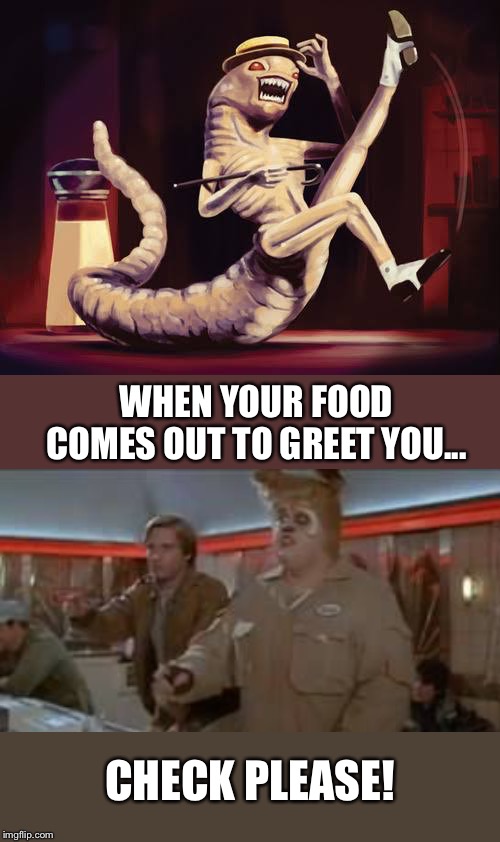 Spaceballs diner | WHEN YOUR FOOD COMES OUT TO GREET YOU... CHECK PLEASE! | image tagged in spaceballs | made w/ Imgflip meme maker