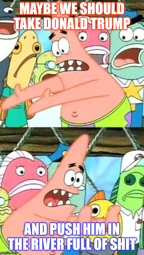 Put It Somewhere Else Patrick | MAYBE WE SHOULD TAKE DONALD TRUMP; AND PUSH HIM IN THE RIVER FULL OF SHIT | image tagged in memes,put it somewhere else patrick | made w/ Imgflip meme maker