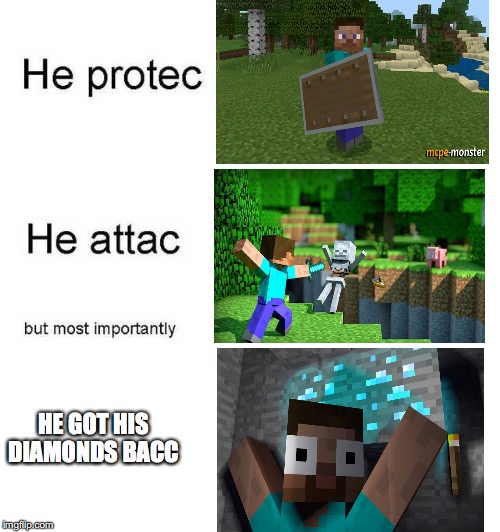 First Minecraft meme in a Month | HE GOT HIS DIAMONDS BACC | image tagged in he protec he attac but most importantly,minecraft | made w/ Imgflip meme maker
