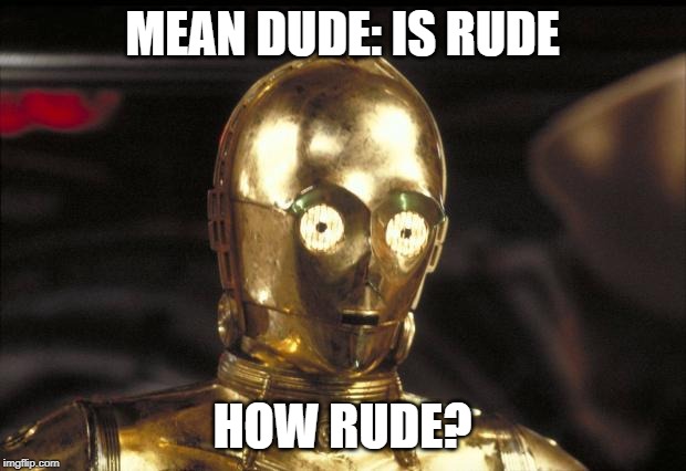c3po | MEAN DUDE: IS RUDE; HOW RUDE? | image tagged in c3po | made w/ Imgflip meme maker