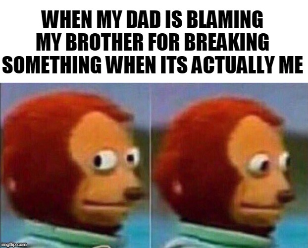looking away | WHEN MY DAD IS BLAMING MY BROTHER FOR BREAKING SOMETHING WHEN ITS ACTUALLY ME | image tagged in monkey looking away,brothers | made w/ Imgflip meme maker