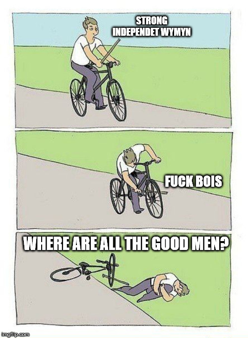 Bike Fall Meme | STRONG INDEPENDET WYMYN; FUCK BOIS; WHERE ARE ALL THE GOOD MEN? | image tagged in bike fall | made w/ Imgflip meme maker