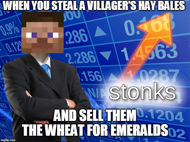 stonks | WHEN YOU STEAL A VILLAGER'S HAY BALES; AND SELL THEM THE WHEAT FOR EMERALDS | image tagged in stonks | made w/ Imgflip meme maker