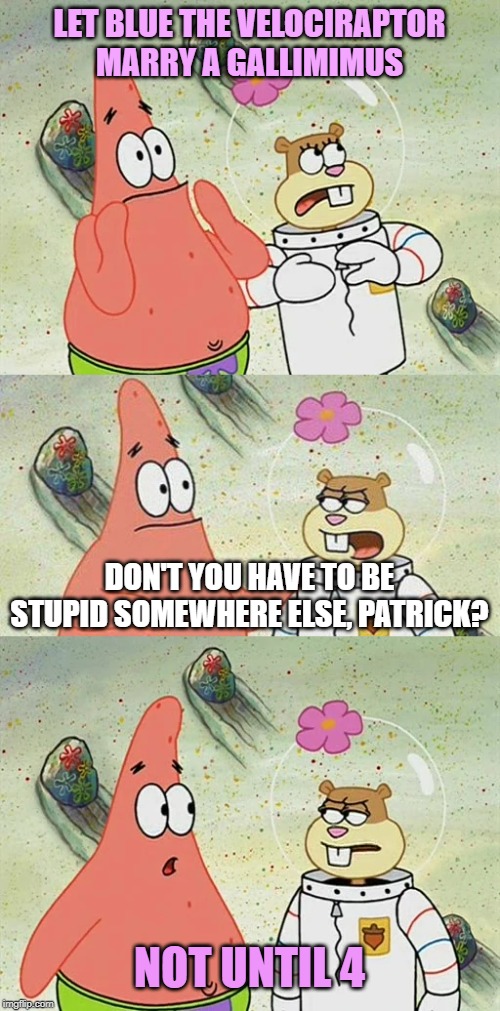 Jurassic World Evolution's "Not until 4" | LET BLUE THE VELOCIRAPTOR MARRY A GALLIMIMUS; DON'T YOU HAVE TO BE STUPID SOMEWHERE ELSE, PATRICK? NOT UNTIL 4 | image tagged in spongebob squarepants,jurassic world,patrick,sandy cheeks | made w/ Imgflip meme maker