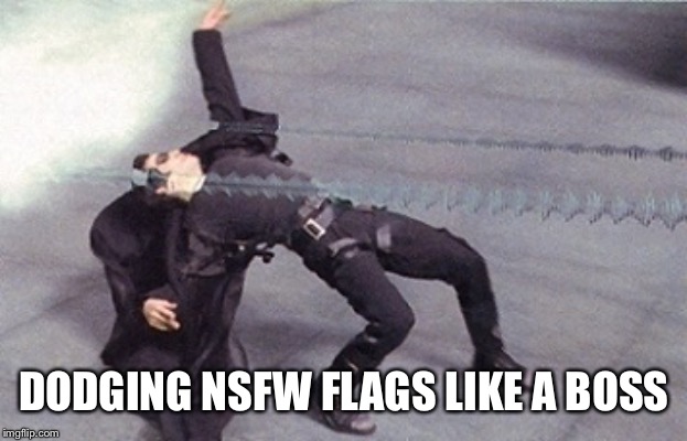 neo dodging a bullet matrix | DODGING NSFW FLAGS LIKE A BOSS | image tagged in neo dodging a bullet matrix | made w/ Imgflip meme maker