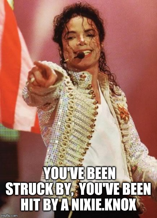 Michael Jackson Pointing | YOU'VE BEEN STRUCK BY,  YOU'VE BEEN HIT BY A NIXIE.KNOX | image tagged in michael jackson pointing | made w/ Imgflip meme maker