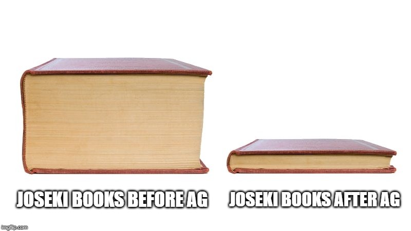 thick book thin book | JOSEKI BOOKS AFTER AG; JOSEKI BOOKS BEFORE AG | image tagged in thick book thin book | made w/ Imgflip meme maker