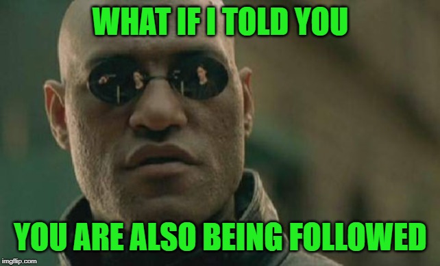Matrix Morpheus Meme | WHAT IF I TOLD YOU YOU ARE ALSO BEING FOLLOWED | image tagged in memes,matrix morpheus | made w/ Imgflip meme maker