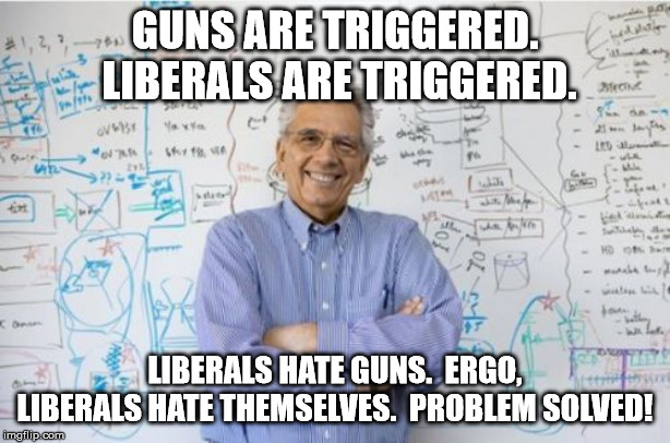 Engineering Professor Meme | GUNS ARE TRIGGERED.  LIBERALS ARE TRIGGERED. LIBERALS HATE GUNS.  ERGO, LIBERALS HATE THEMSELVES.  PROBLEM SOLVED! | image tagged in memes,engineering professor,triggered liberal,liberals,guns | made w/ Imgflip meme maker