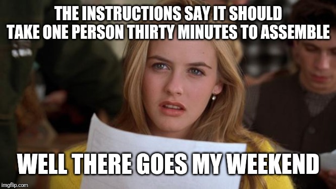 Clueless | THE INSTRUCTIONS SAY IT SHOULD TAKE ONE PERSON THIRTY MINUTES TO ASSEMBLE; WELL THERE GOES MY WEEKEND | image tagged in clueless | made w/ Imgflip meme maker