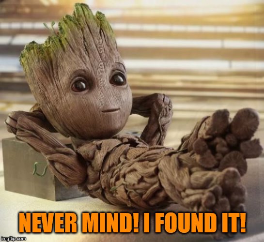 Baby Groot | NEVER MIND! I FOUND IT! | image tagged in baby groot | made w/ Imgflip meme maker
