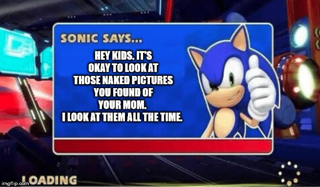 Sonic Says | HEY KIDS. IT'S OKAY TO LOOK AT THOSE NAKED PICTURES YOU FOUND OF YOUR MOM. 
I LOOK AT THEM ALL THE TIME. | image tagged in sonic says | made w/ Imgflip meme maker