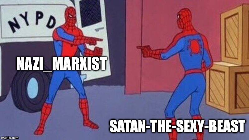 spiderman pointing at spiderman | NAZI_MARXIST; SATAN-THE-SEXY-BEAST | image tagged in spiderman pointing at spiderman | made w/ Imgflip meme maker