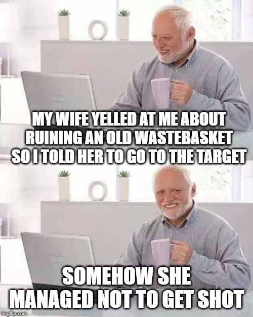 Poor Aim I Guess | MY WIFE YELLED AT ME ABOUT RUINING AN OLD WASTEBASKET SO I TOLD HER TO GO TO THE TARGET; SOMEHOW SHE MANAGED NOT TO GET SHOT | image tagged in memes,hide the pain harold | made w/ Imgflip meme maker