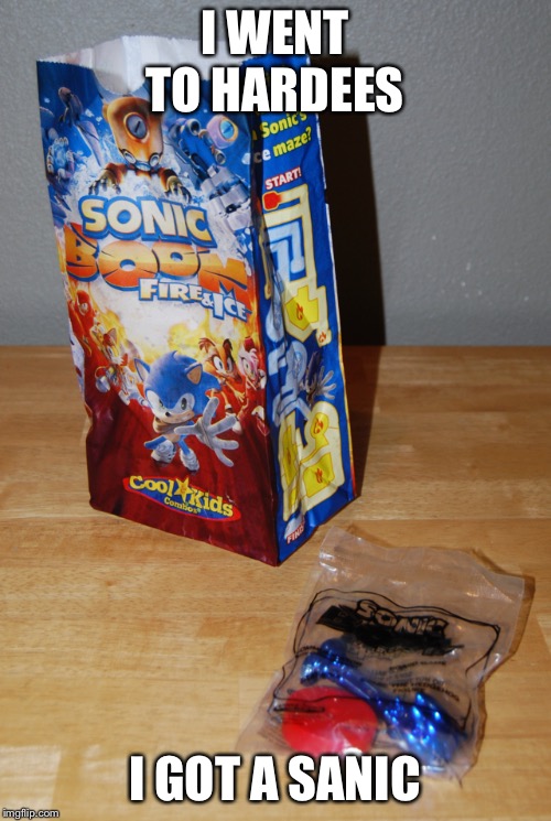 Mah kids meal | I WENT TO HARDEES; I GOT A SANIC | image tagged in sonic boom,food,toys | made w/ Imgflip meme maker