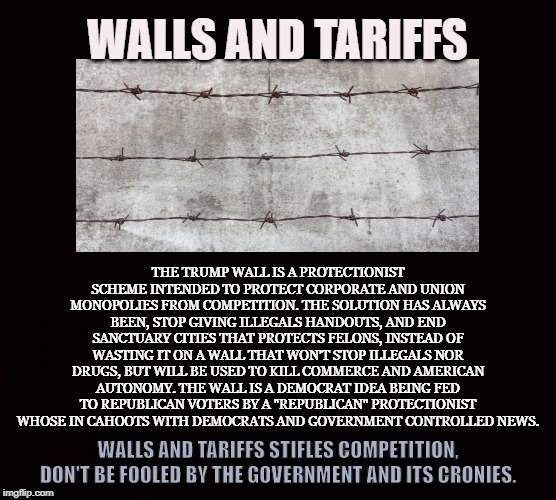 Government hates Competition and Autonomy | WALLS AND TARIFFS; THE TRUMP WALL IS A PROTECTIONIST SCHEME INTENDED TO PROTECT CORPORATE AND UNION MONOPOLIES FROM COMPETITION. THE SOLUTION HAS ALWAYS BEEN, STOP GIVING ILLEGALS HANDOUTS, AND END SANCTUARY CITIES THAT PROTECTS FELONS, INSTEAD OF WASTING IT ON A WALL THAT WON'T STOP ILLEGALS NOR DRUGS, BUT WILL BE USED TO KILL COMMERCE AND AMERICAN AUTONOMY. THE WALL IS A DEMOCRAT IDEA BEING FED TO REPUBLICAN VOTERS BY A "REPUBLICAN" PROTECTIONIST WHOSE IN CAHOOTS WITH DEMOCRATS AND GOVERNMENT CONTROLLED NEWS. WALLS AND TARIFFS STIFLES COMPETITION, DON'T BE FOOLED BY THE GOVERNMENT AND ITS CRONIES. | image tagged in trump's wall,protectionism,monopoly,commerce,free trade,tariffs | made w/ Imgflip meme maker