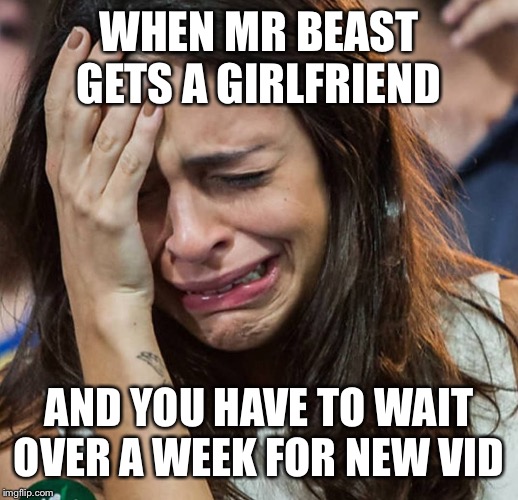 Crying Girl |  WHEN MR BEAST GETS A GIRLFRIEND; AND YOU HAVE TO WAIT OVER A WEEK FOR NEW VID | image tagged in crying girl | made w/ Imgflip meme maker